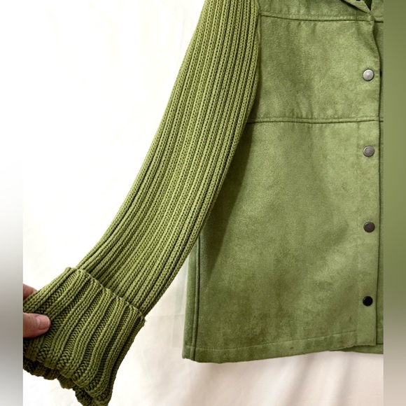 E Studio Y2K/90’s Olive Green Faux Suede Jacket With Knit Sleeves Size Large - Picture 3 of 8